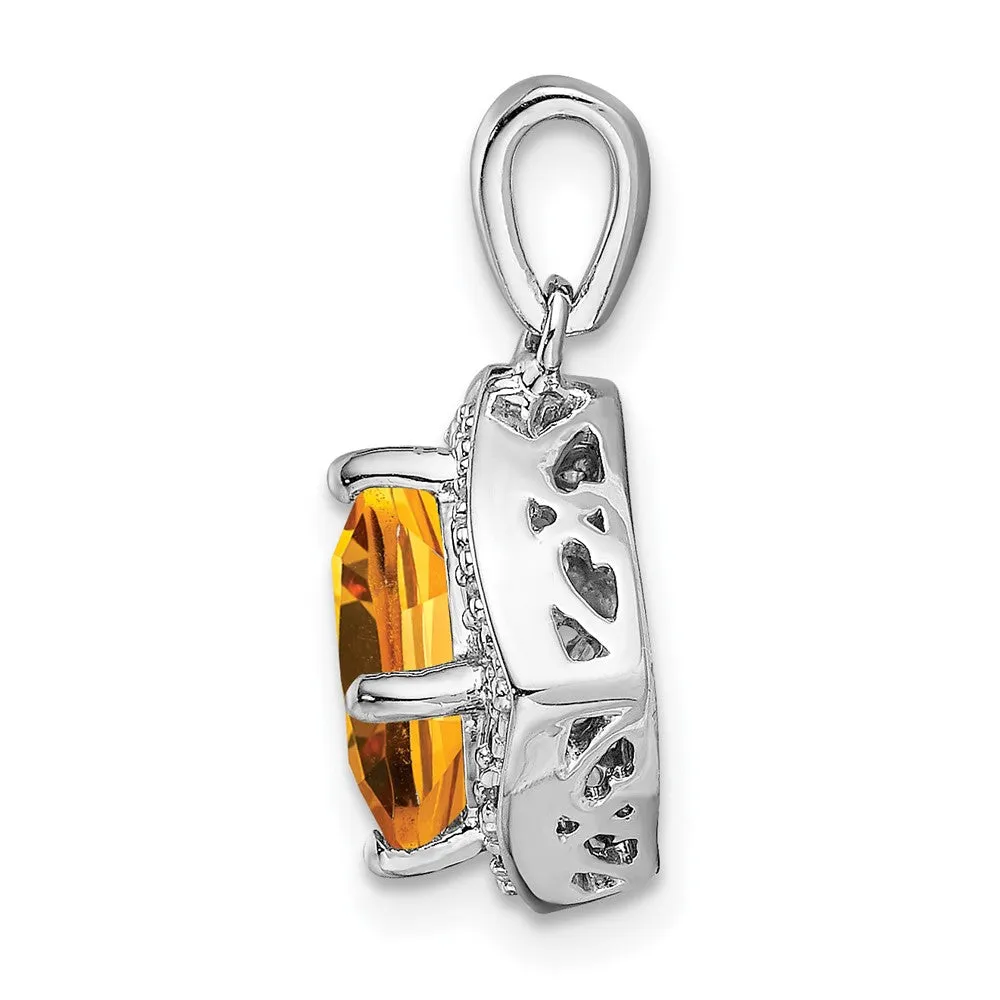 14k White Gold Cushion Citrine and Diamond Pendant