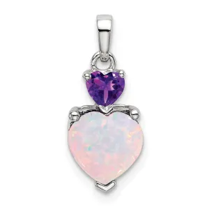 14k White Gold Heart Created Opal and Amethyst Pendant