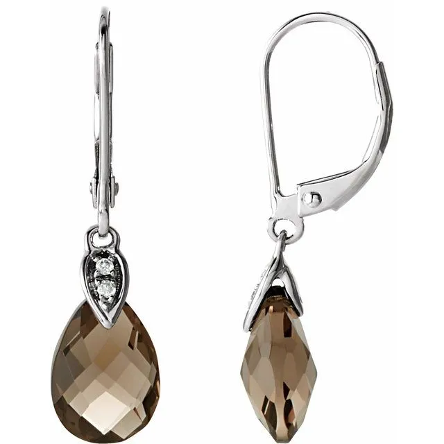 14K White Gold Natural Briolette Smoky Quartz & .025 CTW Natural Diamond Earrings