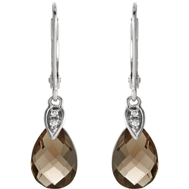14K White Gold Natural Briolette Smoky Quartz & .025 CTW Natural Diamond Earrings