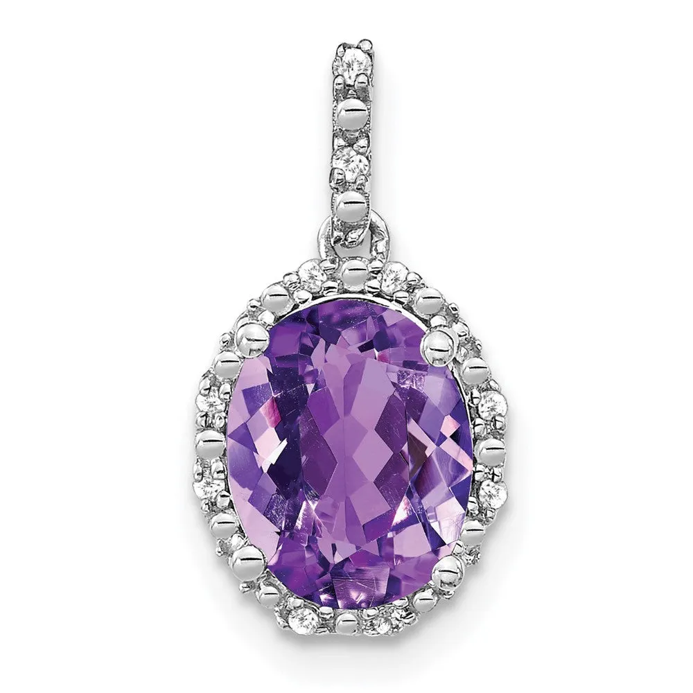 14k White Gold Oval Amethyst and Diamond Halo Pendant