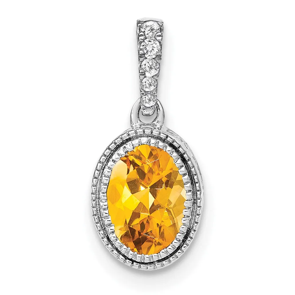 14k White Gold Oval Citrine and Diamond Pendant