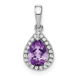 14k White Gold Pear Amethyst and Diamond Halo Pendant