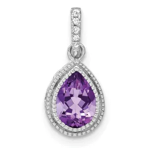 14k White Gold Pear Amethyst and Diamond Pendant