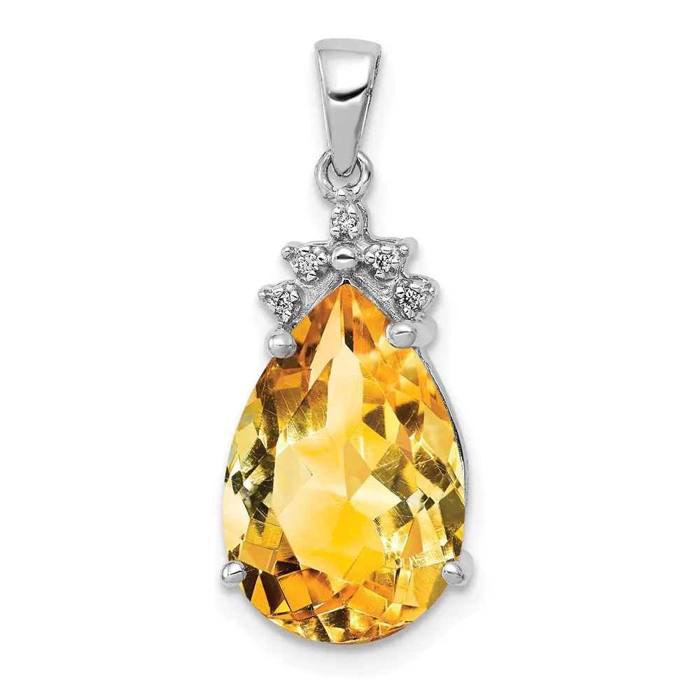 14k White Gold Pear Citrine & Diamond Pendant