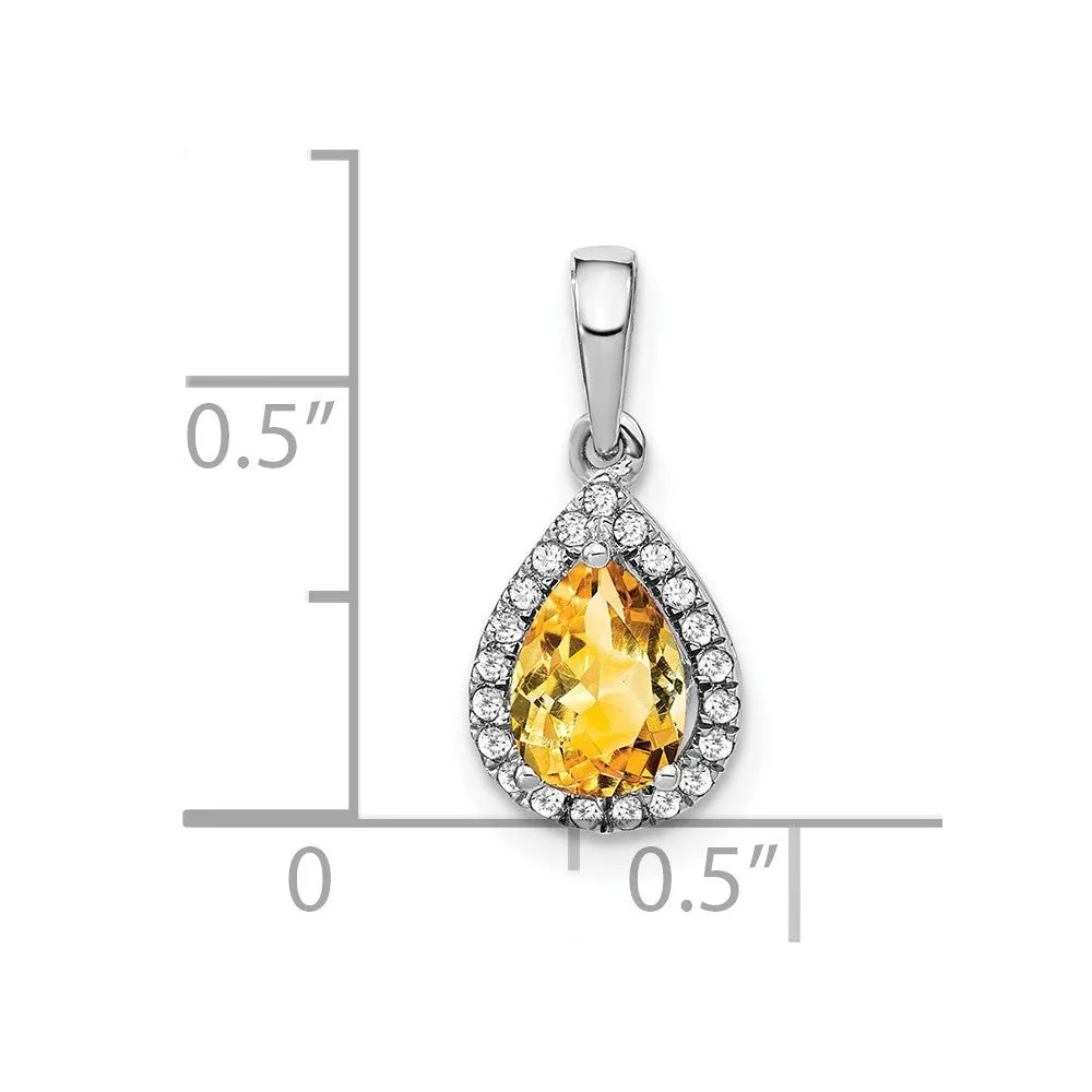 14k White Gold Pear Citrine and Diamond Halo Pendant