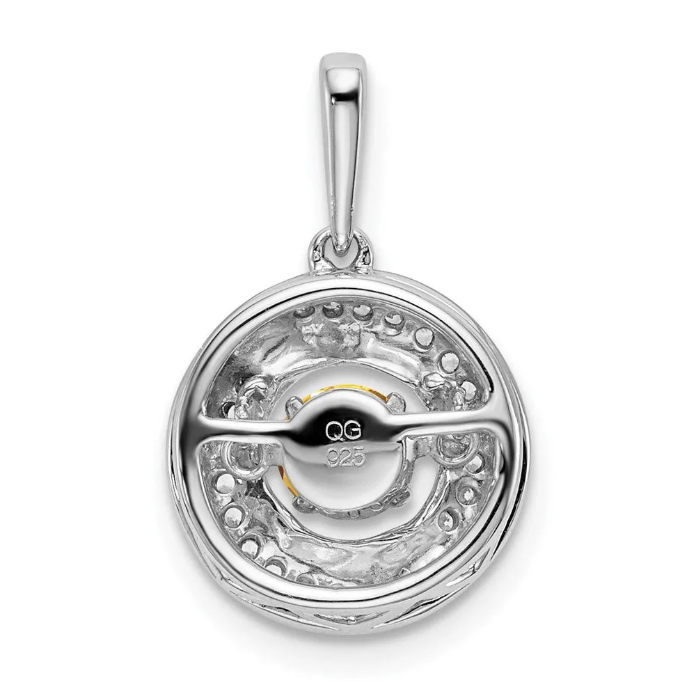14k White Gold Round Citrine and Diamond Pendant
