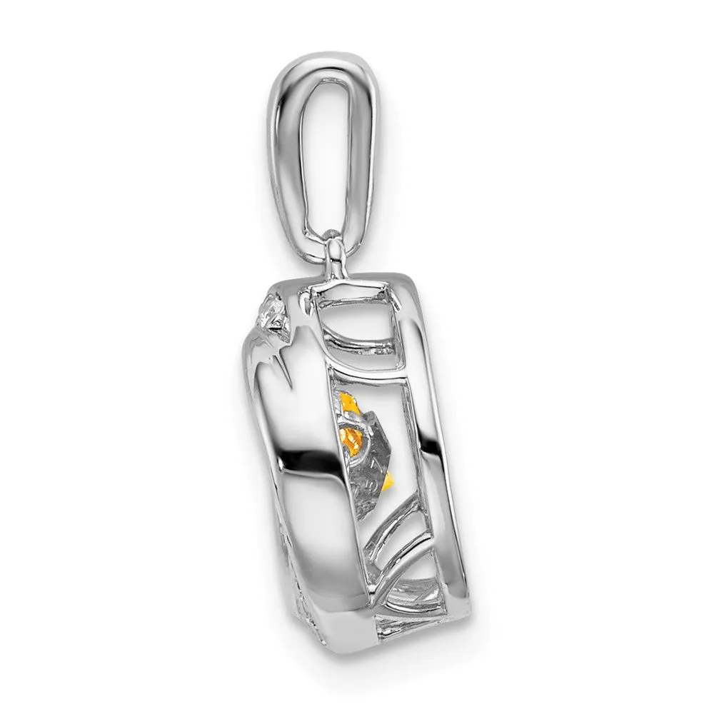 14k White Gold Round Citrine and Diamond Pendant