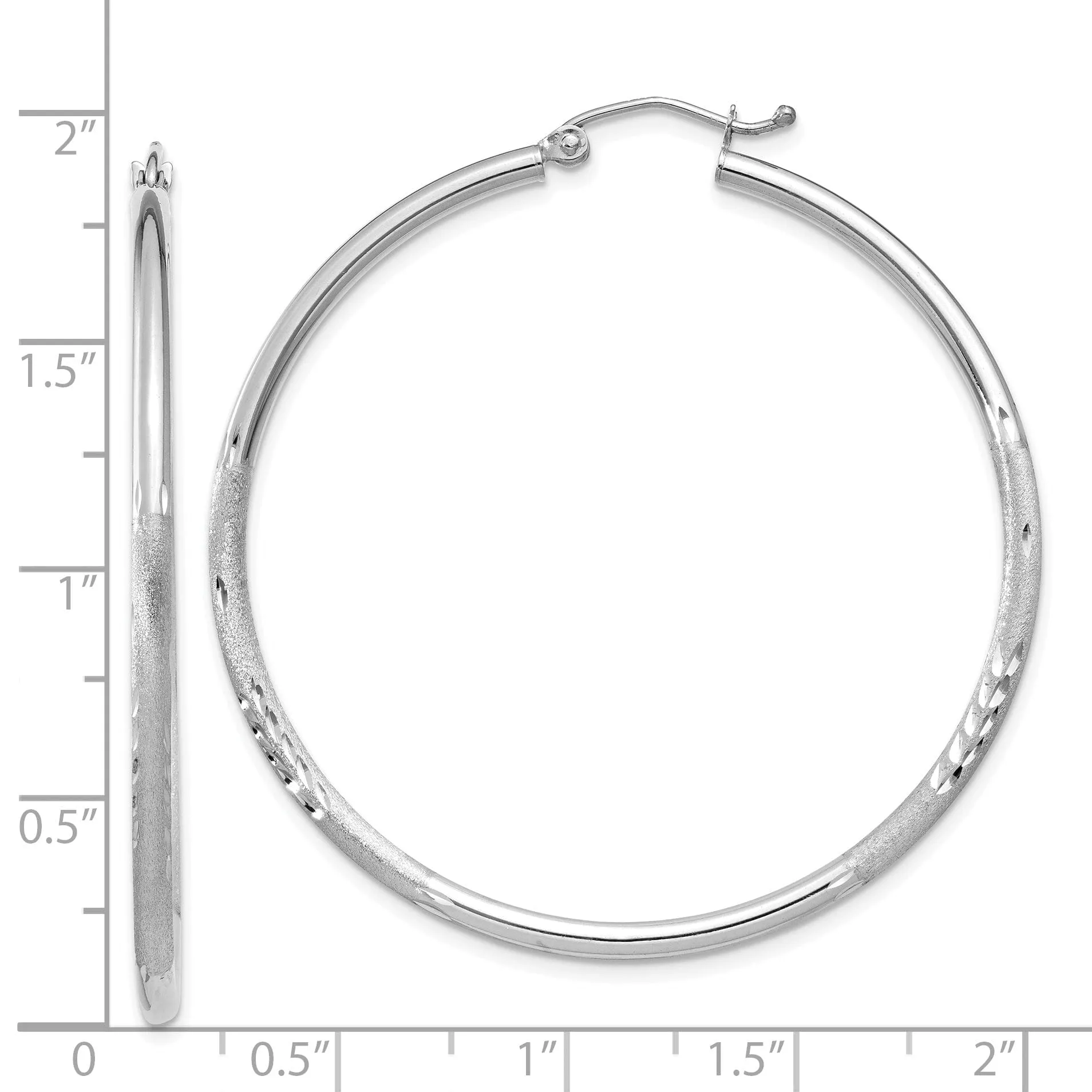 14k White Gold Satin Diamond Cut 2MM Round Hoop