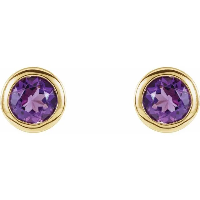 14K Yellow 4 mm Round Genuine Amethyst Birthstone Earrings