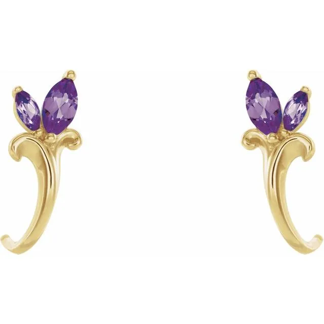 14K Yellow Amethyst Floral-Inspired J-Hoop Earrings