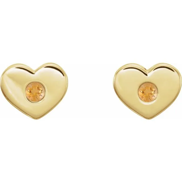 14K Yellow Citrine Heart Earrings