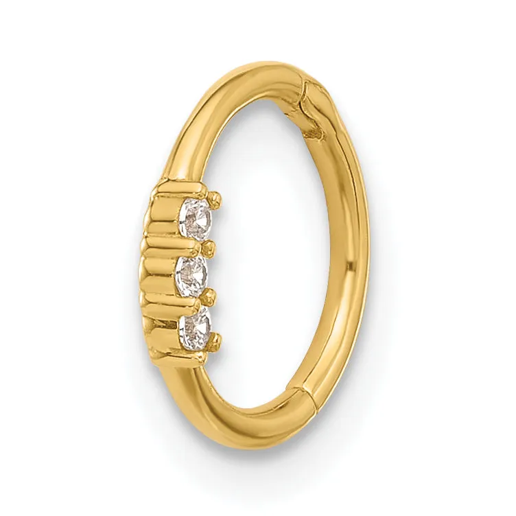14K Yellow Gold  16 Gauge Polished CZ Hinged Cartilage Ring