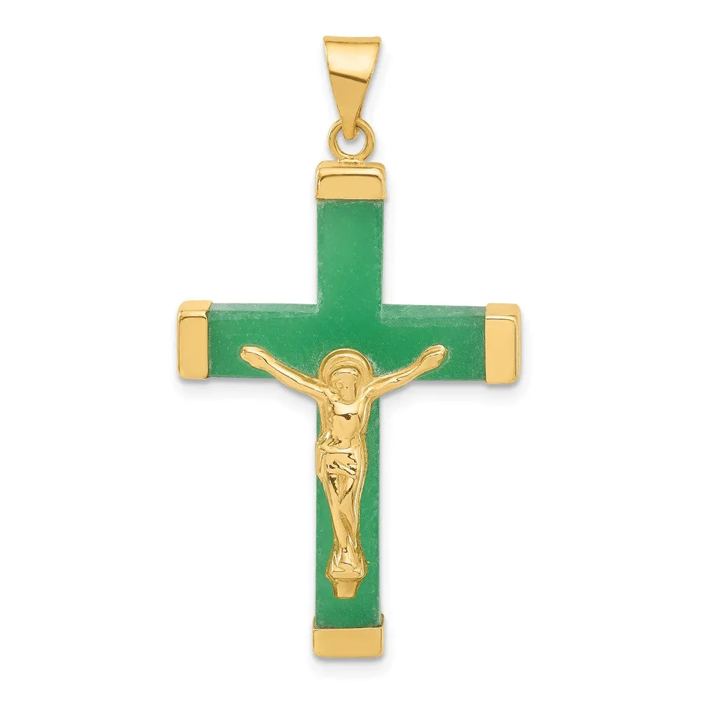 14k Yellow Gold 3-D Green Dyed Quartz Crucifix Pendant