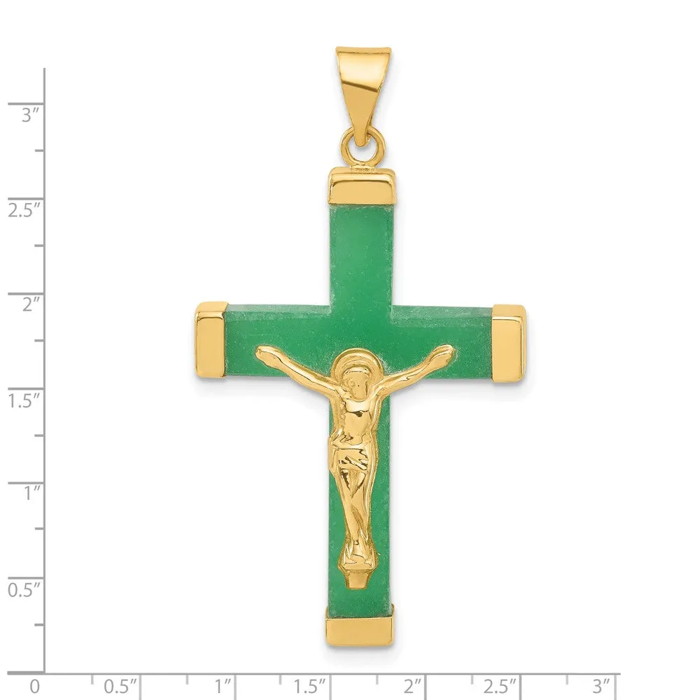 14k Yellow Gold 3-D Green Dyed Quartz Crucifix Pendant