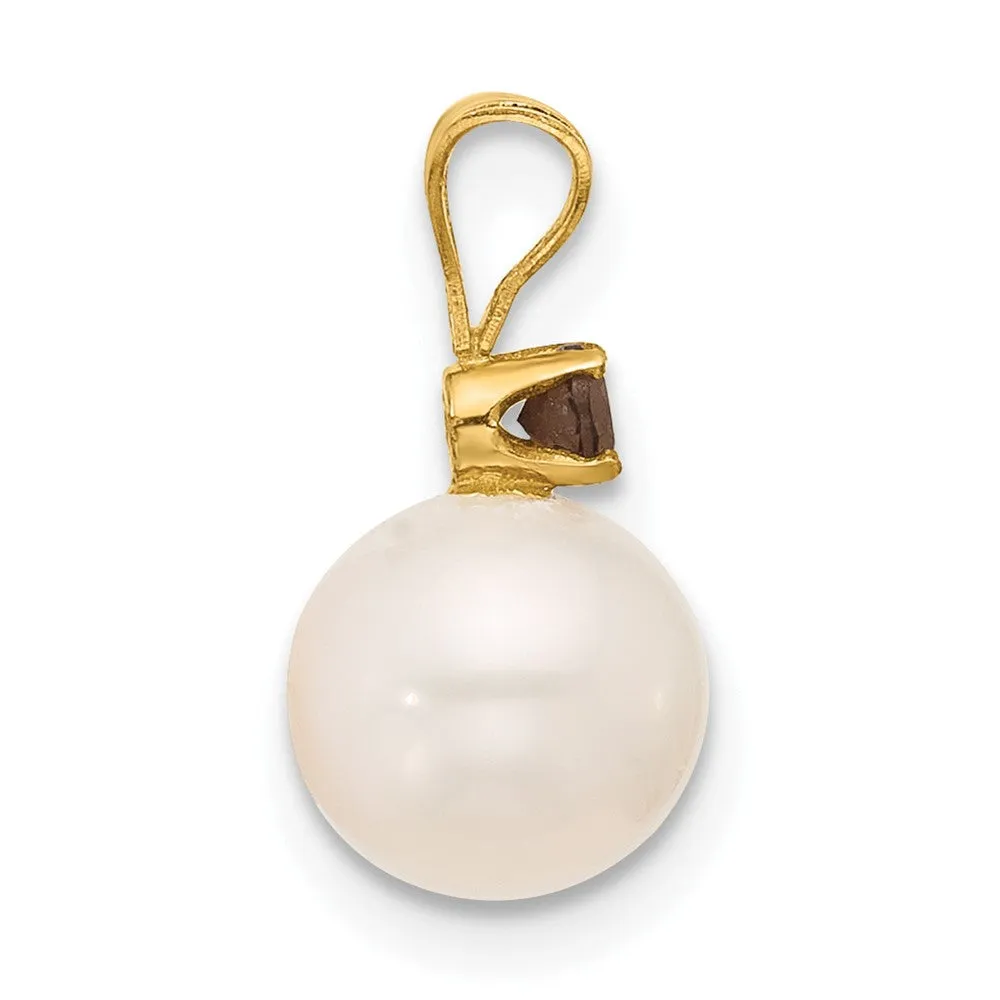 14k Yellow Gold 7-7.5mm White Round FWC Pearl Smoky Quartz Pendants