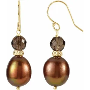 14K Yellow Gold Freshwater Cultured Pearl & Smoky Quartz Earrings