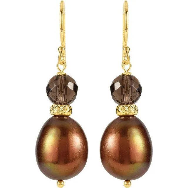 14K Yellow Gold Freshwater Cultured Pearl & Smoky Quartz Earrings