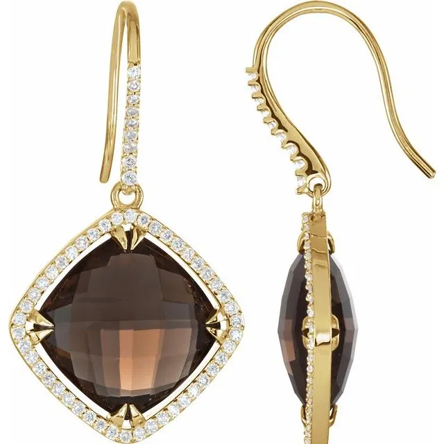 14K Yellow Gold Natural Smoky Quartz & 5/8 CTW Diamond Halo-Style Earrings