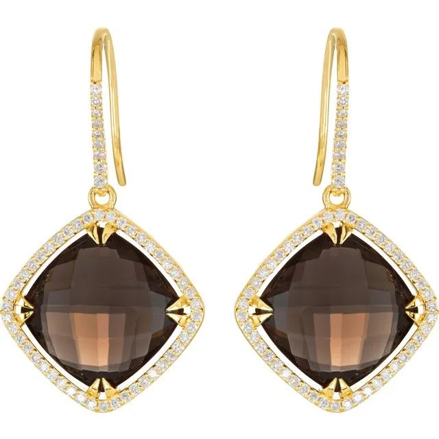 14K Yellow Gold Natural Smoky Quartz & 5/8 CTW Diamond Halo-Style Earrings