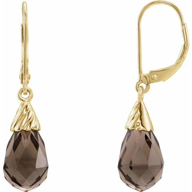 14K Yellow Gold Natural Smoky Quartz Briolette Lever Back Earrings