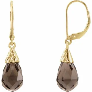 14K Yellow Gold Natural Smoky Quartz Briolette Lever Back Earrings