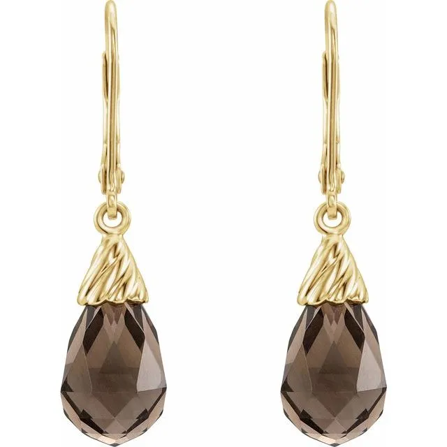 14K Yellow Gold Natural Smoky Quartz Briolette Lever Back Earrings
