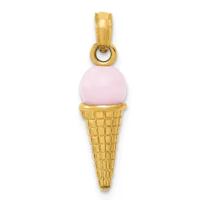 14k Yellow Gold Satin Polished 3D Pink Quartz Ice Cream Cone Charm