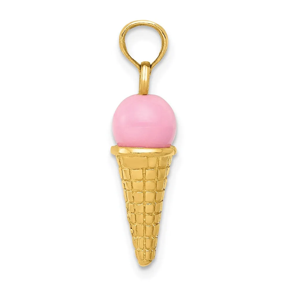 14k Yellow Gold Satin Polished 3D Pink Quartz Ice Cream Cone Charm