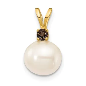 14k Yellow Gold Smoky Quartz 8-8.5mm White Round FWC Pearl Pendant