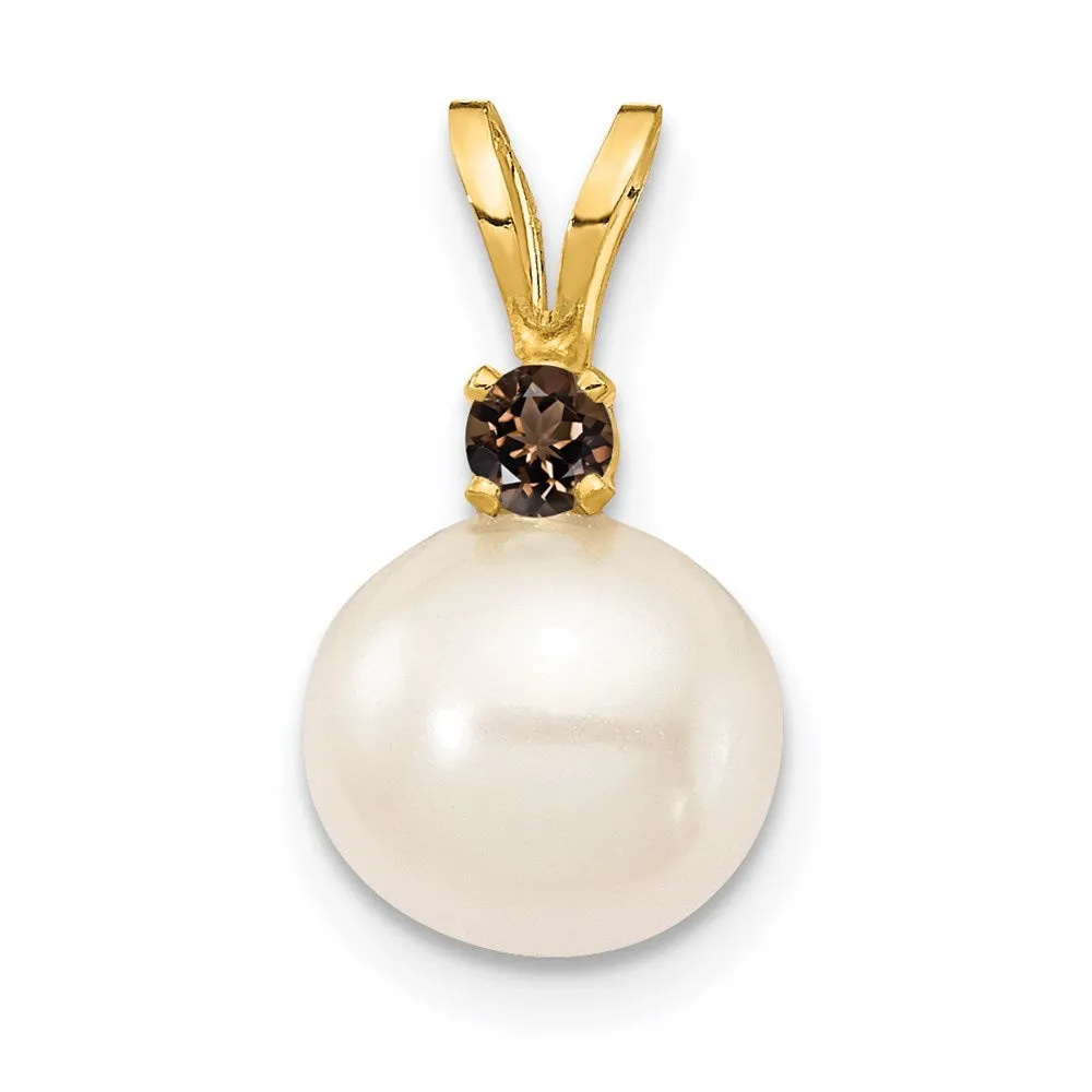 14k Yellow Gold Smoky Quartz 8-8.5mm White Round FWC Pearl Pendant