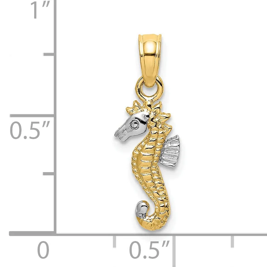 14K Yellow Gold with White Rhodium Texture Polished Finish  Seahorse Charm Pendant