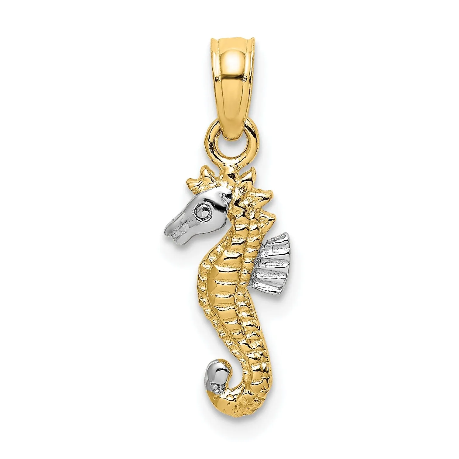 14K Yellow Gold with White Rhodium Texture Polished Finish  Seahorse Charm Pendant