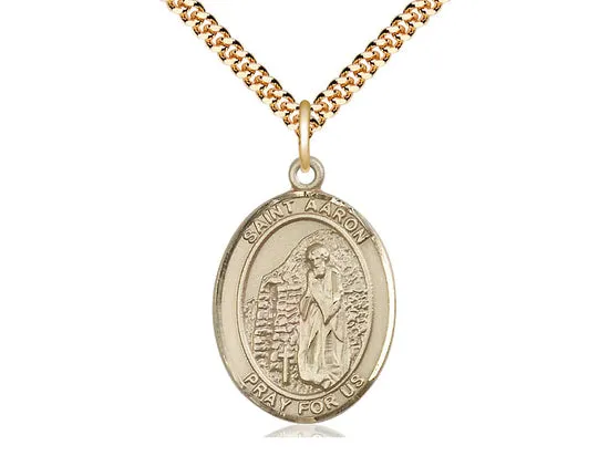 14kt Gold Filled St Aaron Pendant on a 24 inch Gold Plate Heavy Curb Chain.