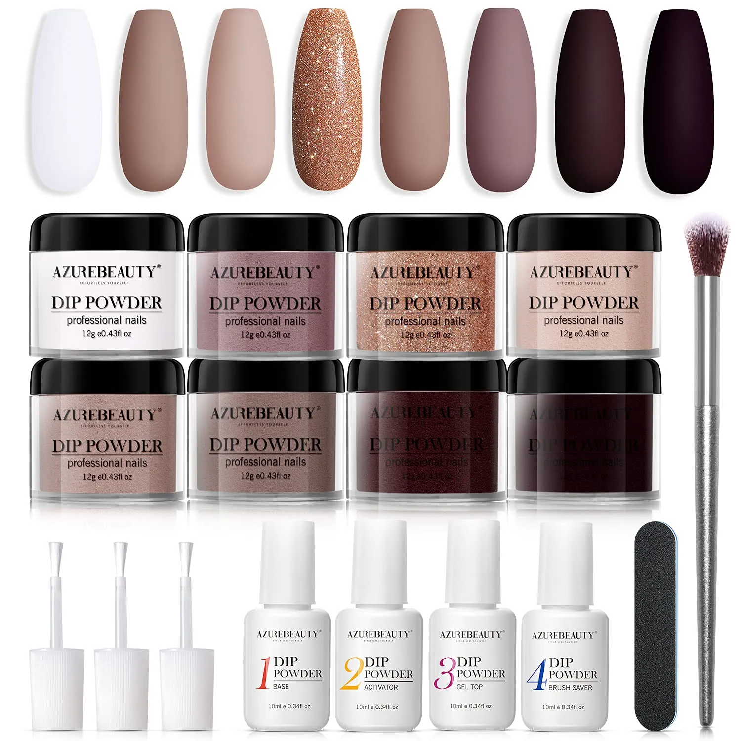 17 Pcs Dip Powder Nail Kit Starter, AZUREBEAUTY Nude Pink Glitter 8 Colors Acrylic Dipping Powder System Essential Kit for French Nail Manicure Nail Art Set