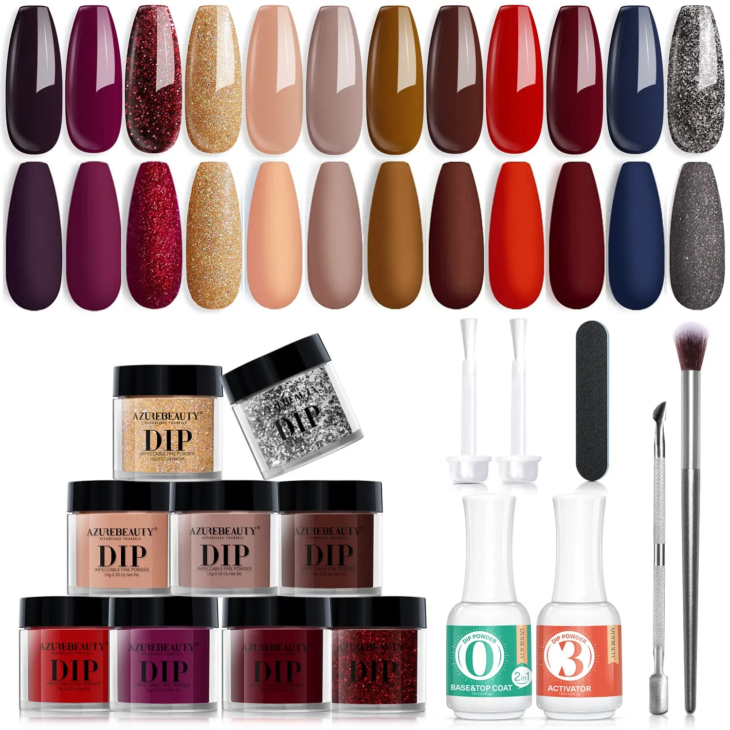 17 Pcs Dip Powder Nail Kit Starter, AZUREBEAUTY Nude Pink Glitter 8 Colors Acrylic Dipping Powder System Essential Kit for French Nail Manicure Nail Art Set
