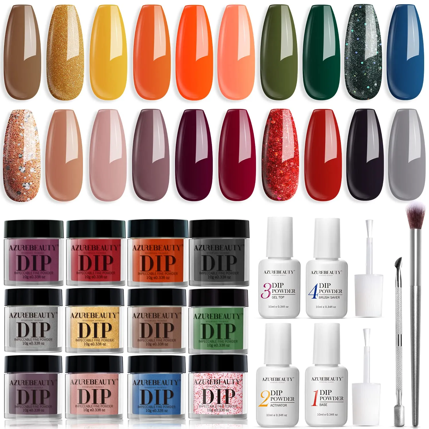 17 Pcs Dip Powder Nail Kit Starter, AZUREBEAUTY Nude Pink Glitter 8 Colors Acrylic Dipping Powder System Essential Kit for French Nail Manicure Nail Art Set