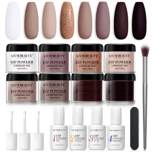17 Pcs Dip Powder Nail Kit Starter, AZUREBEAUTY Nude Pink Glitter 8 Colors Acrylic Dipping Powder System Essential Kit for French Nail Manicure Nail Art Set