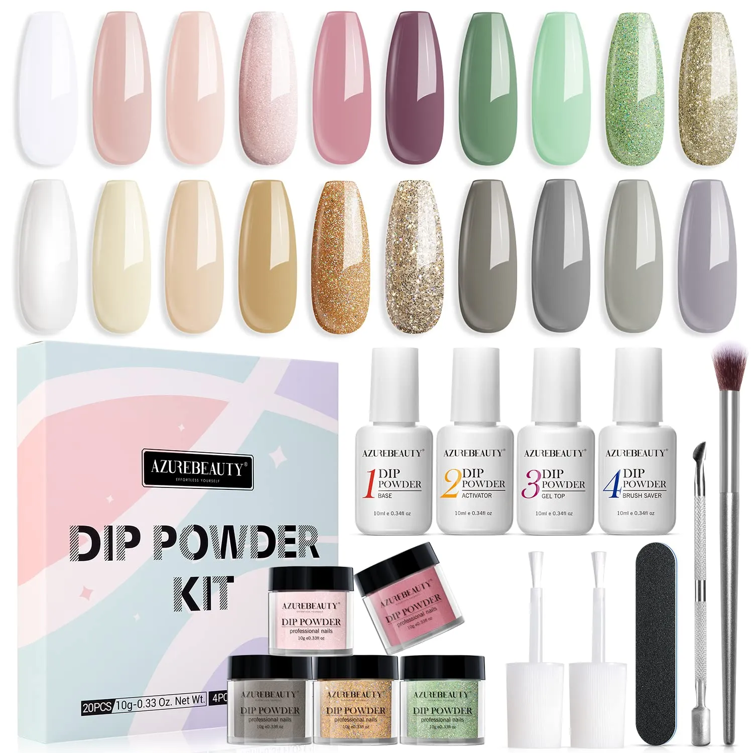 17 Pcs Dip Powder Nail Kit Starter, AZUREBEAUTY Nude Pink Glitter 8 Colors Acrylic Dipping Powder System Essential Kit for French Nail Manicure Nail Art Set