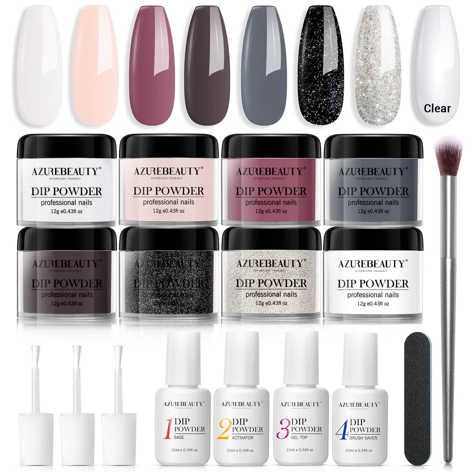 17 Pcs Dip Powder Nail Kit Starter, AZUREBEAUTY Nude Pink Glitter 8 Colors Acrylic Dipping Powder System Essential Kit for French Nail Manicure Nail Art Set