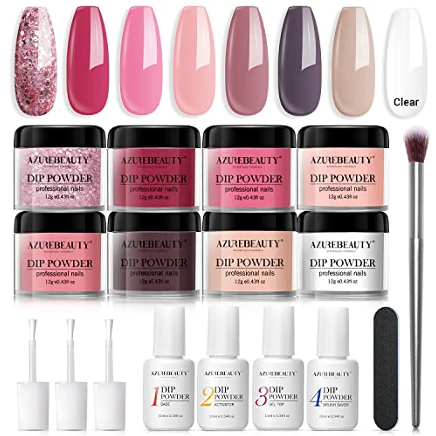 17 Pcs Dip Powder Nail Kit Starter, AZUREBEAUTY Nude Pink Glitter 8 Colors Acrylic Dipping Powder System Essential Kit for French Nail Manicure Nail Art Set