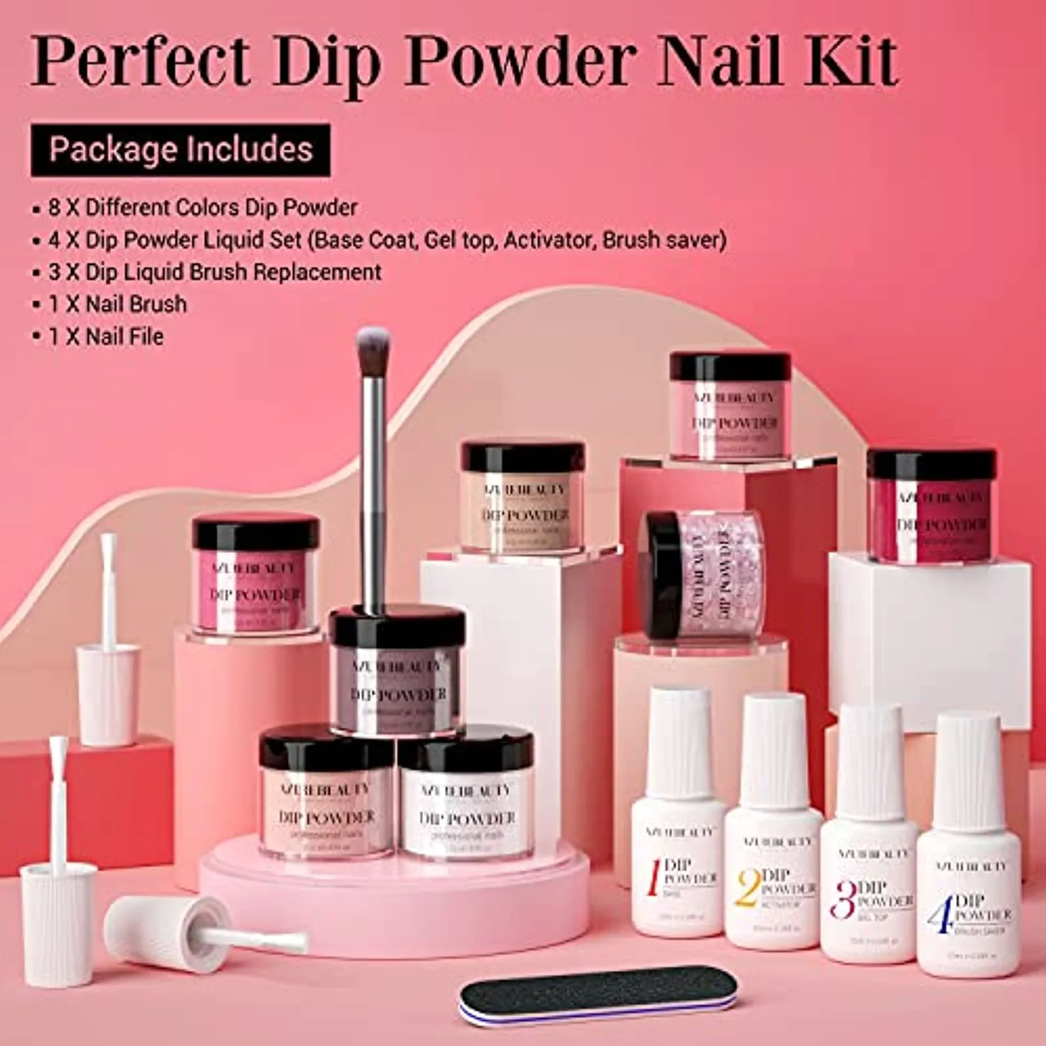 17 Pcs Dip Powder Nail Kit Starter, AZUREBEAUTY Nude Pink Glitter 8 Colors Acrylic Dipping Powder System Essential Kit for French Nail Manicure Nail Art Set