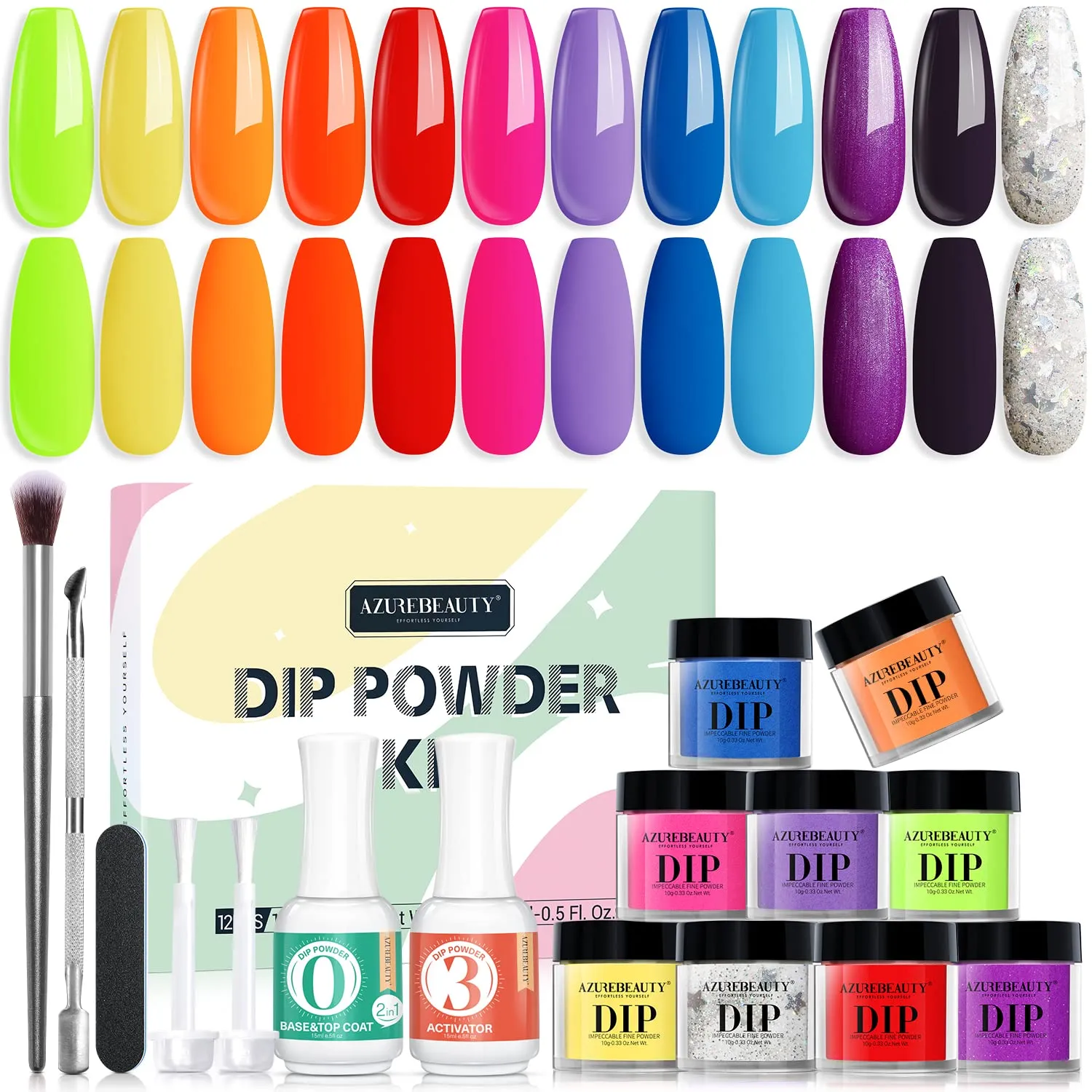 17 Pcs Dip Powder Nail Kit Starter, AZUREBEAUTY Nude Pink Glitter 8 Colors Acrylic Dipping Powder System Essential Kit for French Nail Manicure Nail Art Set