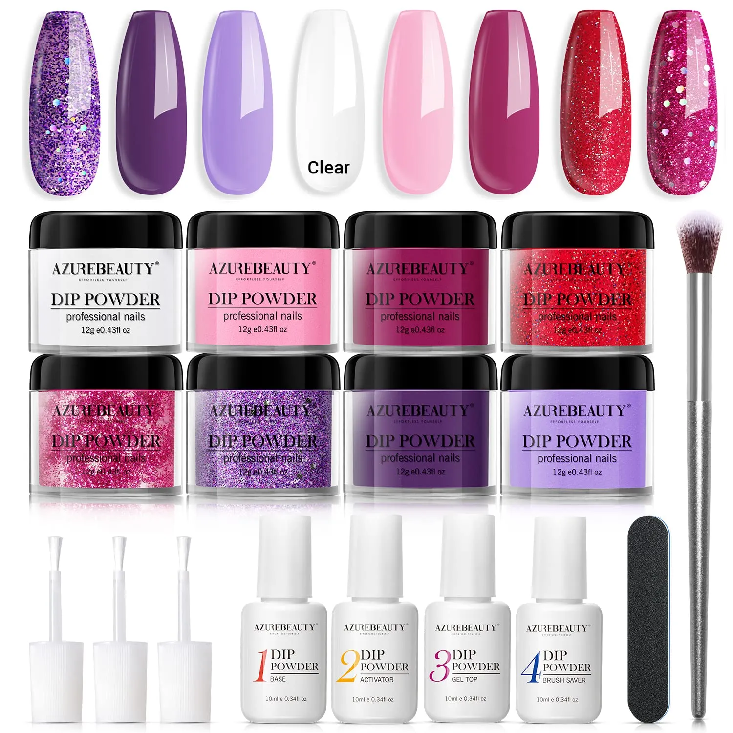 17 Pcs Dip Powder Nail Kit Starter, AZUREBEAUTY Nude Pink Glitter 8 Colors Acrylic Dipping Powder System Essential Kit for French Nail Manicure Nail Art Set