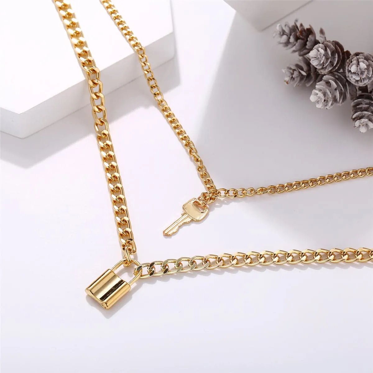 18K Gold-Plated Lock & Key Pendant Layer Necklace