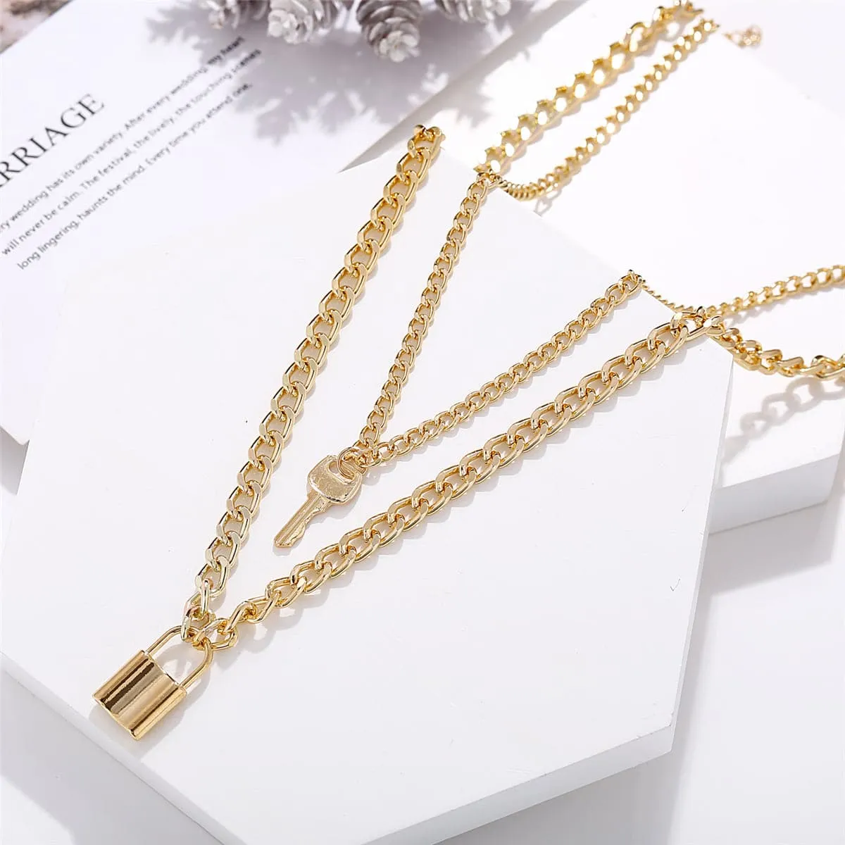 18K Gold-Plated Lock & Key Pendant Layer Necklace