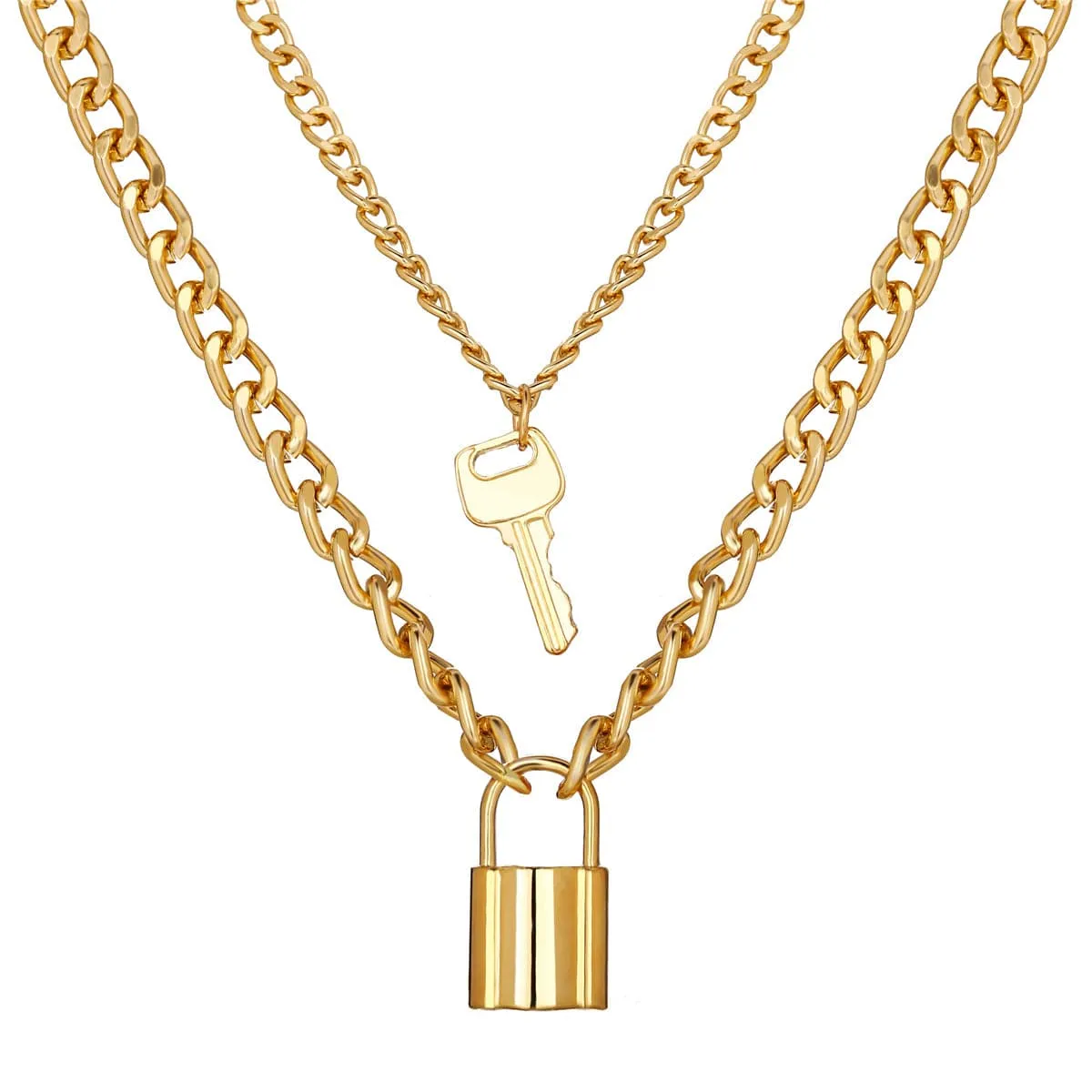 18K Gold-Plated Lock & Key Pendant Layer Necklace