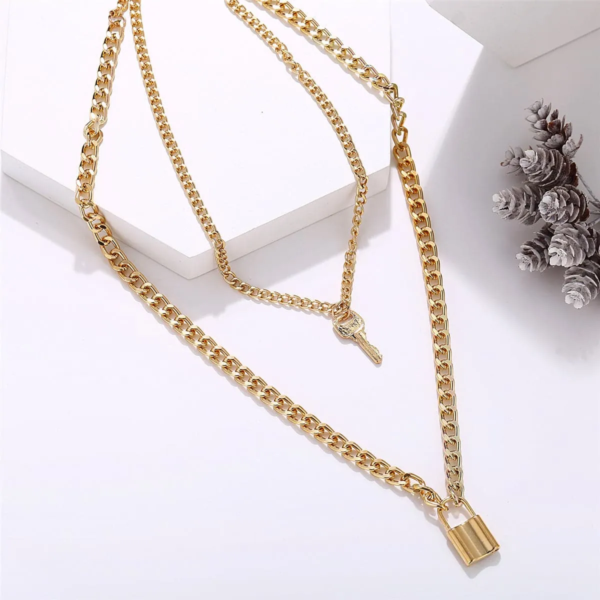 18K Gold-Plated Lock & Key Pendant Layer Necklace