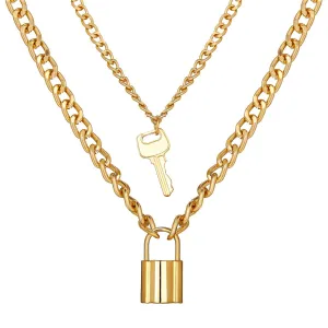 18K Gold-Plated Lock & Key Pendant Layer Necklace