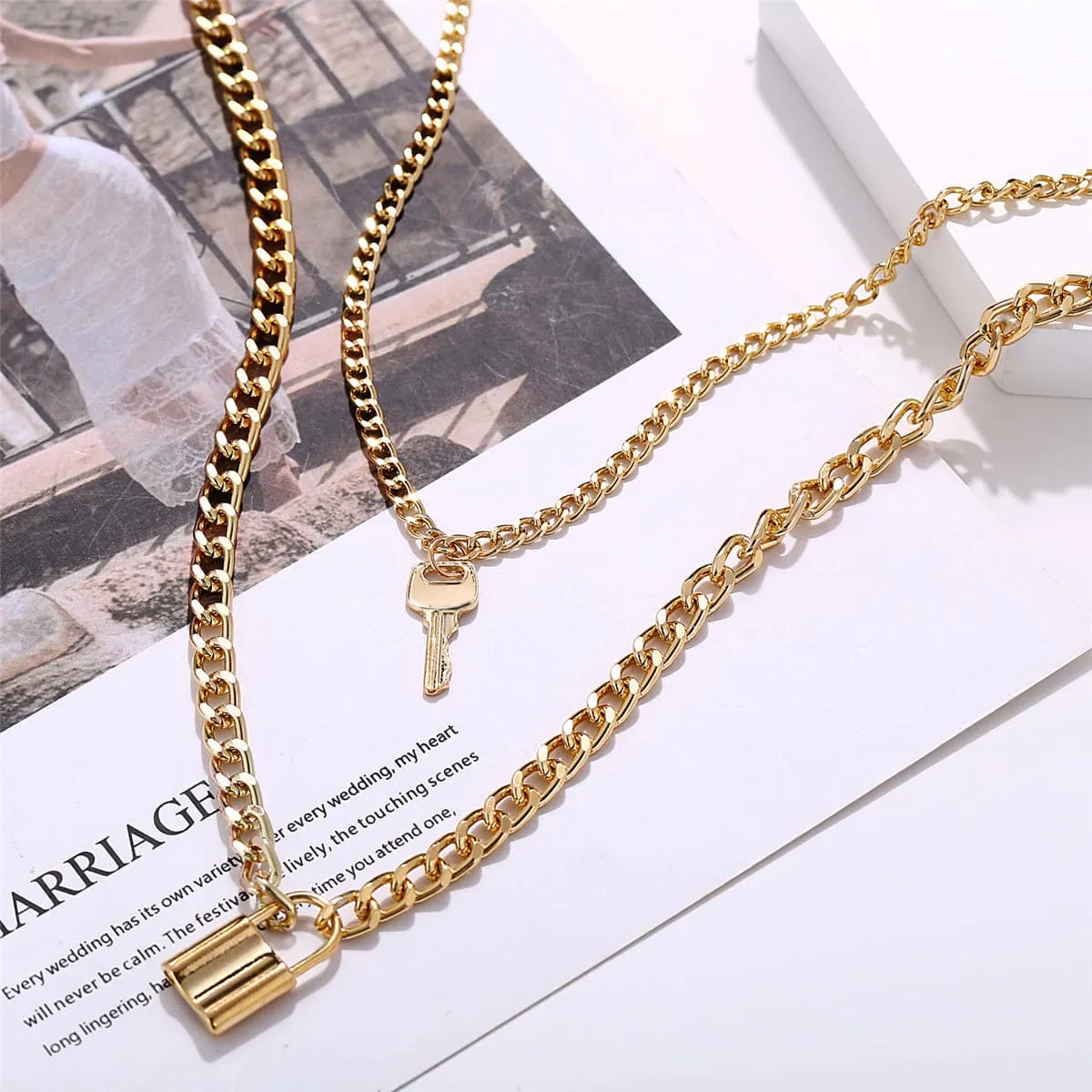 18K Gold-Plated Lock & Key Pendant Layer Necklace